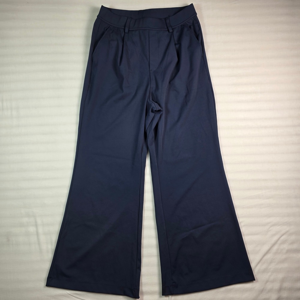 Womens Navy Blue Wide Leg Pleated Trousers High Rise Stretch Dress Pants M